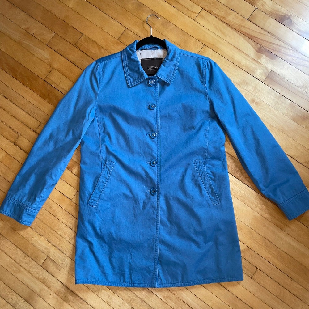 COACH Car Coat Jacket Trench Logo Lining Pockets Blue Preppy Classic Minimalist